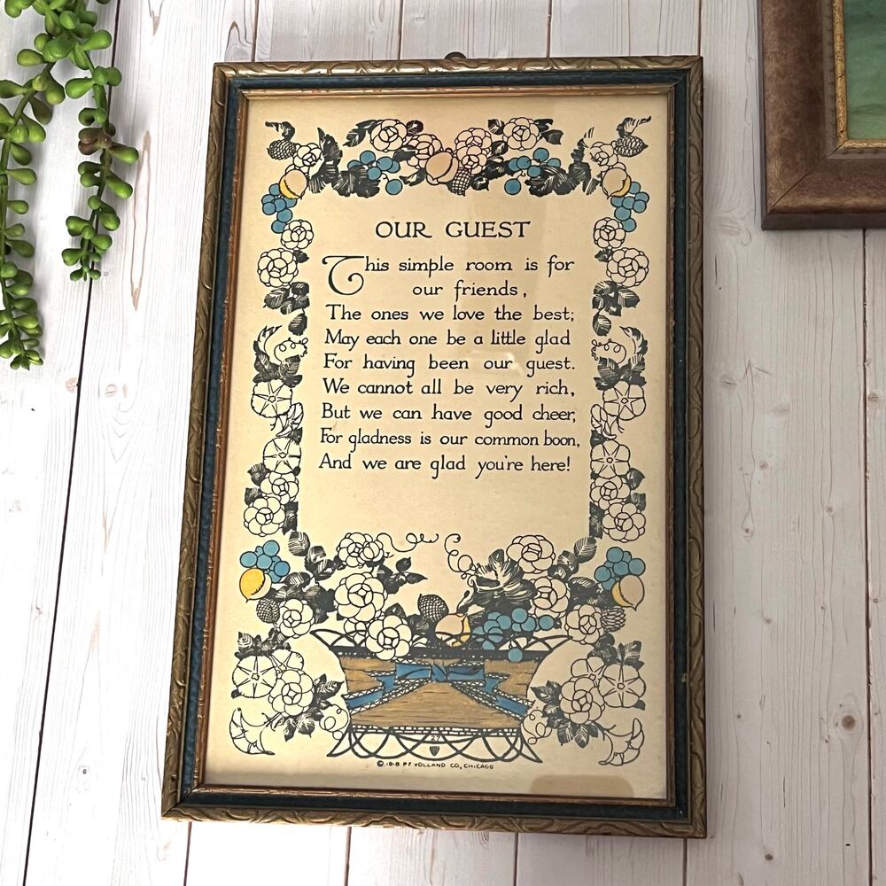 Our Guest Antique Print Published 1918 PF Volland Chicago Poem Framed Art Deco